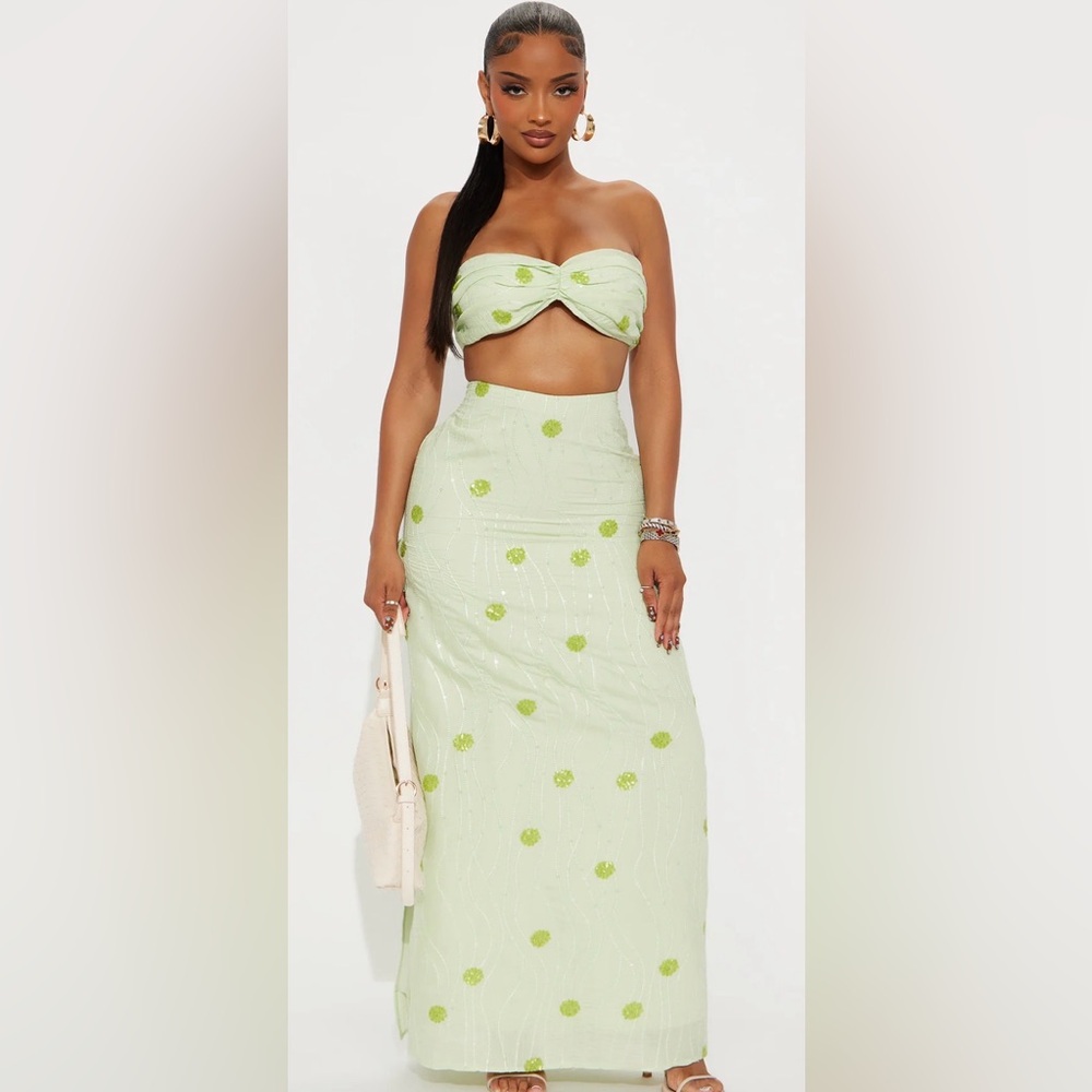 Fashion Nova Light Green Matching Set with Lime Sequin Dots